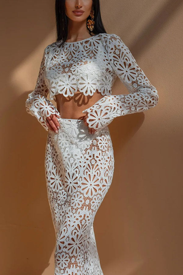 Balmy Summers Crochet Lace Floral Pattern Elastic Waist Fishtail Vacation Maxi Skirt