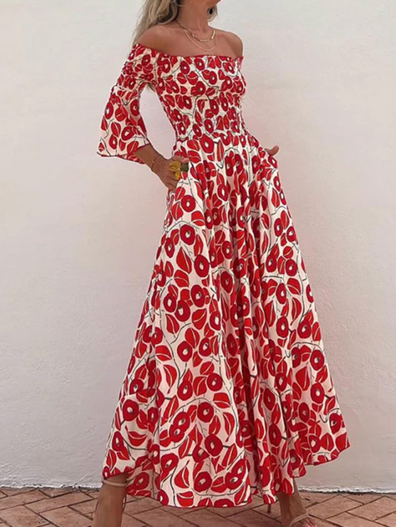 Ladies' Vacation Flower Street Elegant Printed Off Shoulder Waist Pocket Long Dress