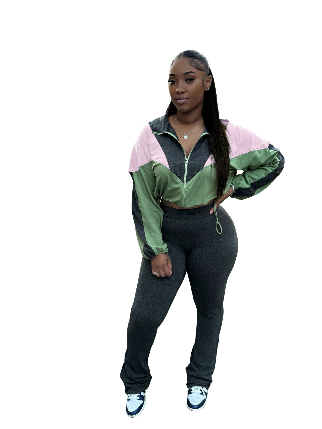 Sports Casual Women Clothing Color Matching Bare Cropped High Waist Slightly Flared Two Piece Set