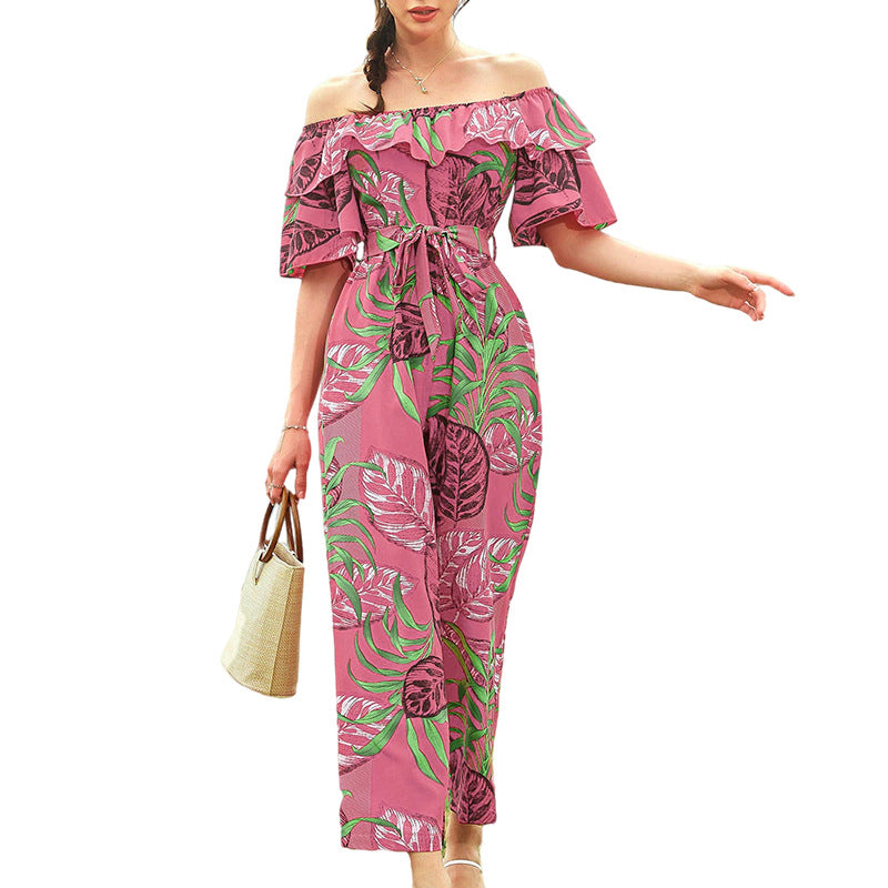 Women Clothing Fashion off-Shoulder Floral Jumpsuit Summer Short Sleeve Chiffon Vacation Beach Jumpsuit