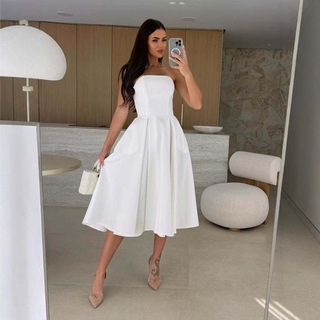 Women Clothing Women Clothing Summer Solid Color Wrapped Chest Midi Dress