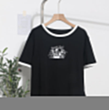 Real Shot Loose Slimming Printed round Neck Contrast Color Short Sleeve Casual Bottoming Shirt Top T shirt