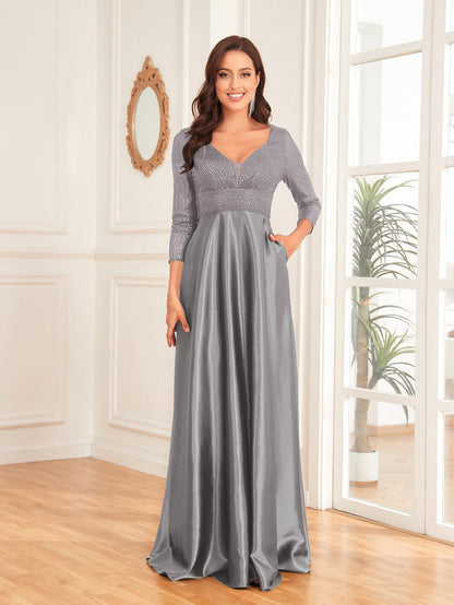 Blue Color Sequin V neck Long Sleeve Dress Satin Dress Slim Fit A line Dress Bridesmaid Cocktail Evening Dress