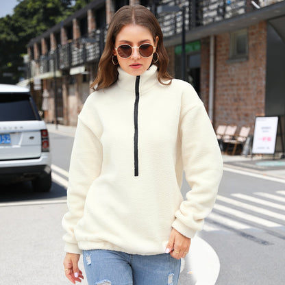 Women Plush Casual Top Half Zipper Pullover Long Sleeve Sweatshirt Sweatshirt