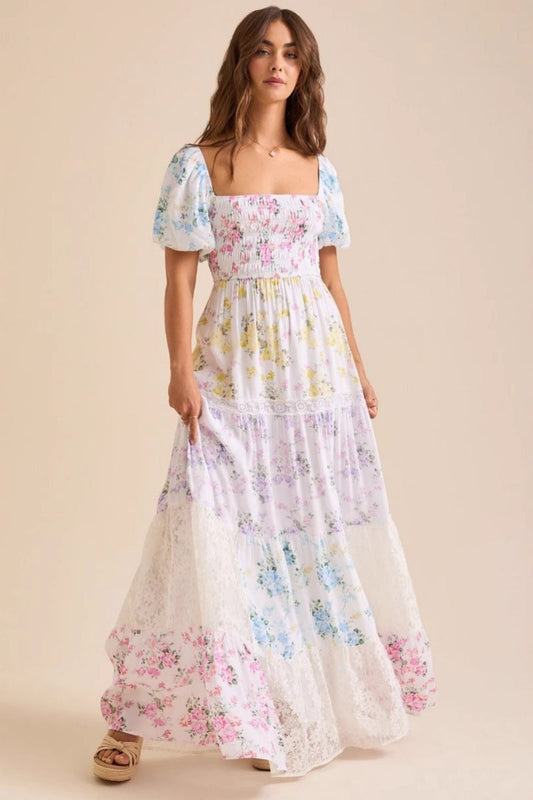 Elegant Floral Print Short Sleeve A-Line Midi Dress