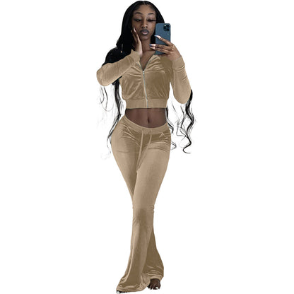 Women Clothing Two-Piece Korean Velvet Solid Color Long Sleeve Sexy cropped Casual Sports Suit