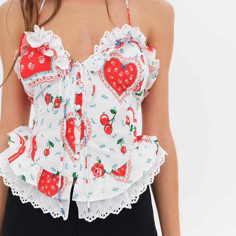 Hailey Ruffle Heart Print Halter Top
