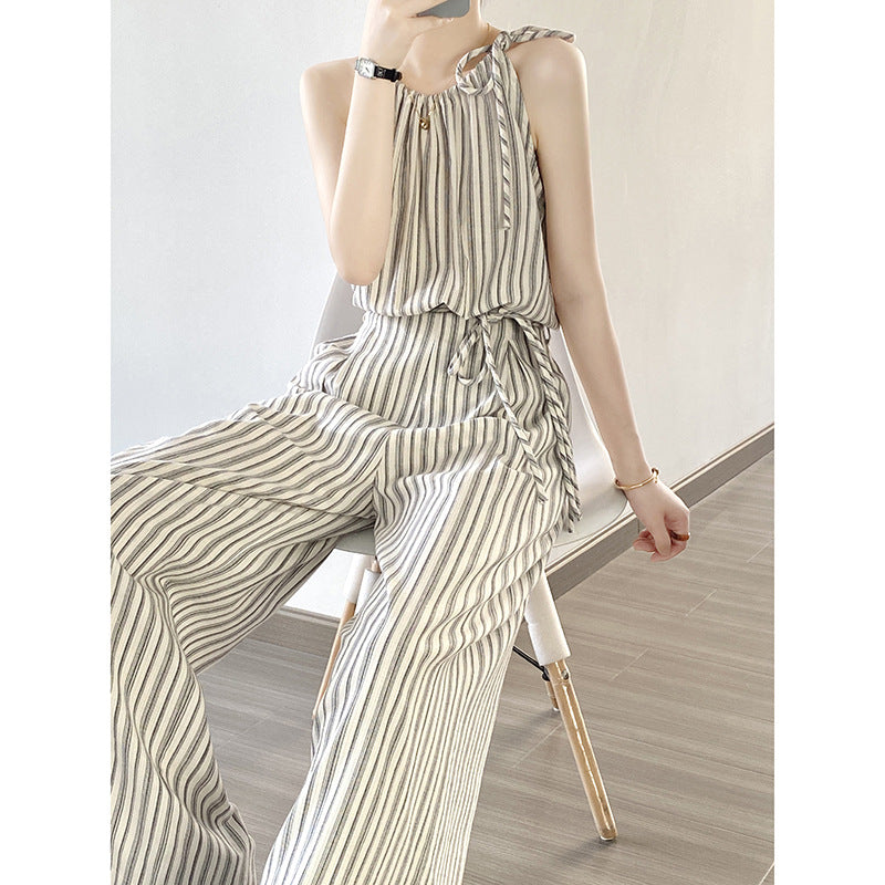 Retro Casual Striped Suit Women Summer Suspender Top Wide Leg Pants Two Piece Set