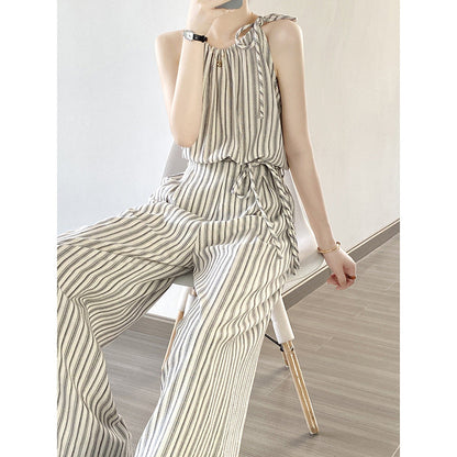 Retro Casual Striped Suit Women Summer Suspender Top Wide Leg Pants Two Piece Set