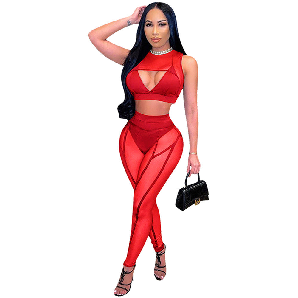 Spring Summer Sexy Mesh Women Clothing Two Piece Suit