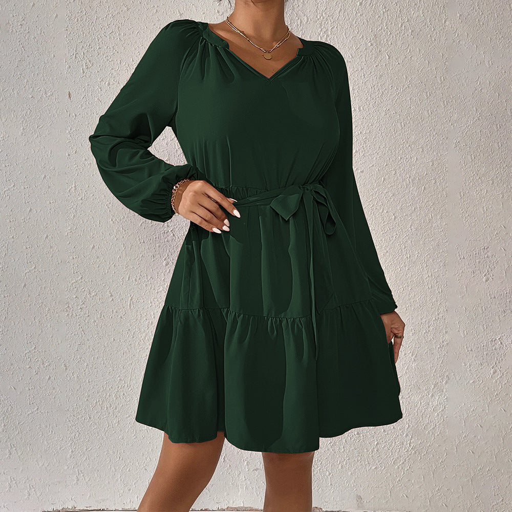 Women Clothing Spring/Summer Loose Casual Waist Tight Long Sleeve Ruffled Dress