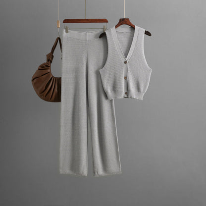 Fashionable Knitted Women Summer V neck Sleeveless Vest High Waist Straight Pants Two Piece Set