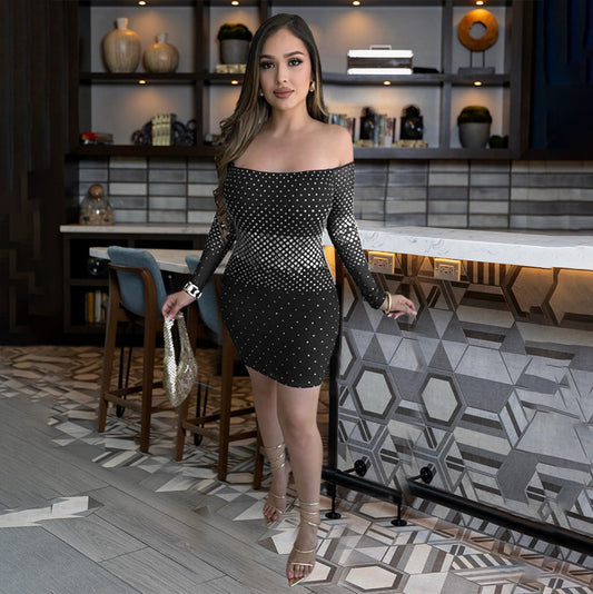 Women Clothing Sexy off the Shoulder Dress Hip Wrapped Rhinestone Party Dress