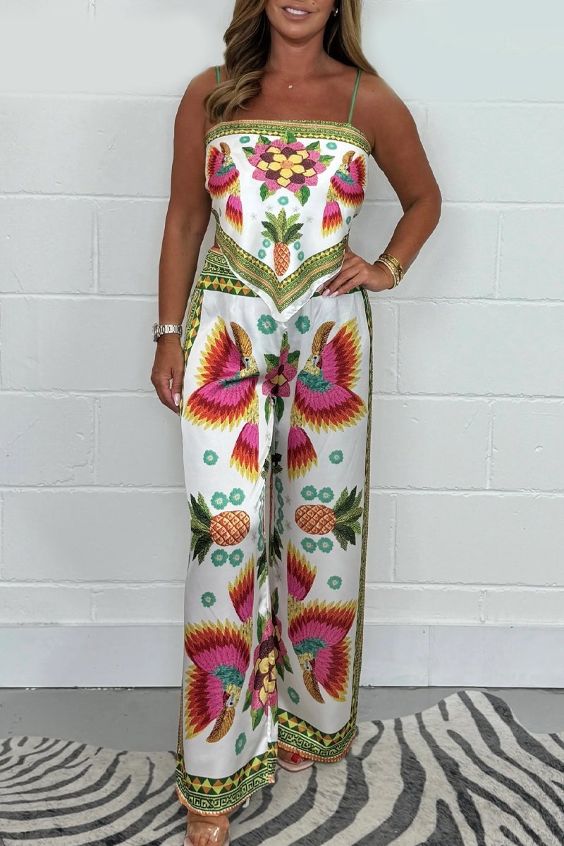 Sexy Printing Positioning Satin Sling Top Trousers Suit
