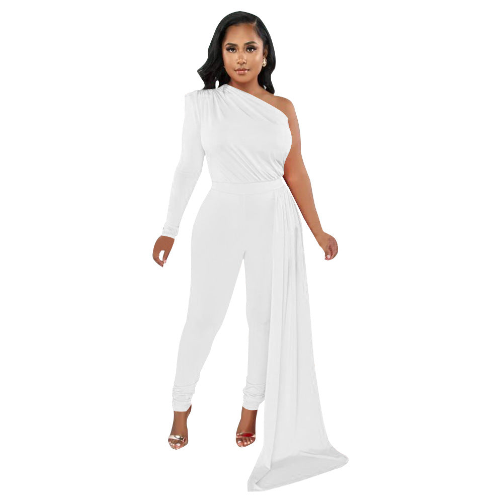 Women Autumn Pleated Shoulder Solid Color Tight Jumpsuit Women