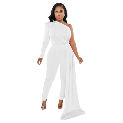 Women Autumn Pleated Shoulder Solid Color Tight Jumpsuit Women