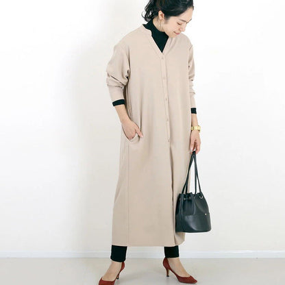 Autumn Winter Shirt Base Dress Women Solid Color Loose Casual V neck Maxi Dress