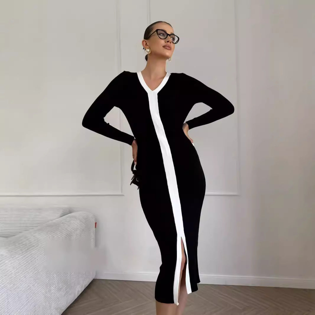 Long Sleeve V neck Stitching Contrast Color Knitted Dress Slim Slimming Autumn Winter Tight