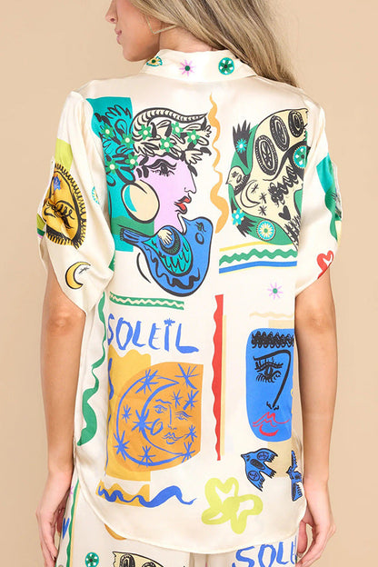 Summer Graffiti Printing Satin Short Sleeve Collared Shirt Trousers Casual Two Piece Suit Amplified craft