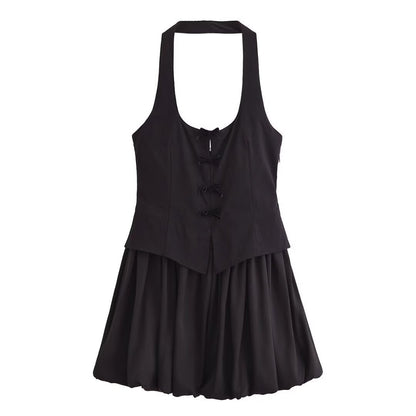 Series Sexy Backless Hanging Collar round Neck Short Puffy Mini Dress