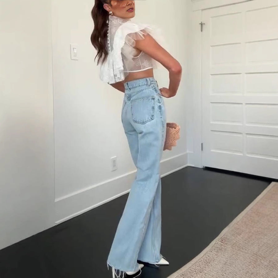 Kathlyn Lace Layered Tulle High Neck Ruffle Cropped Top