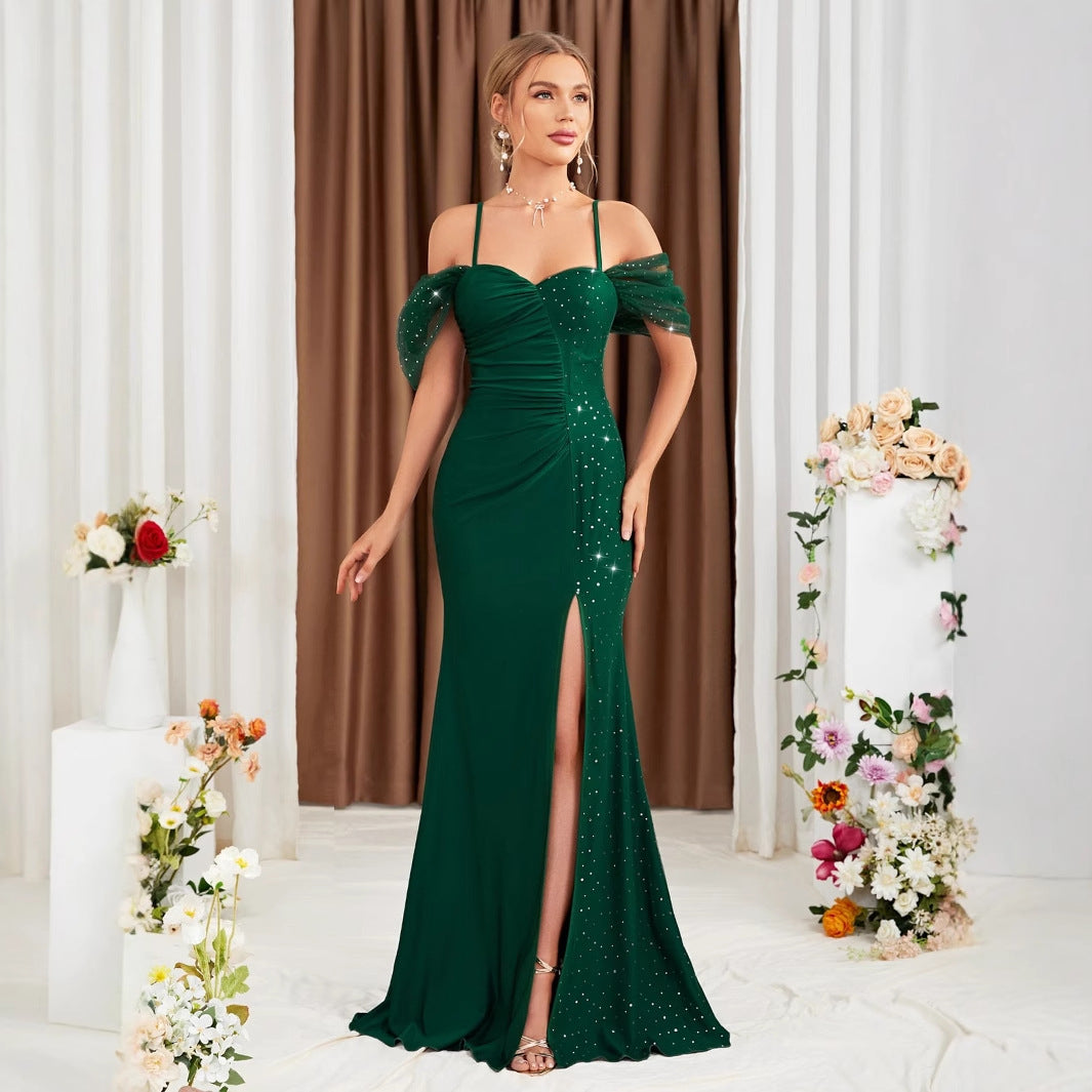 Off Shoulder Spaghetti Straps Evening Dress Slit Slim Fit Fishtail Gown Annual Meeting Performance Host Formal Dress