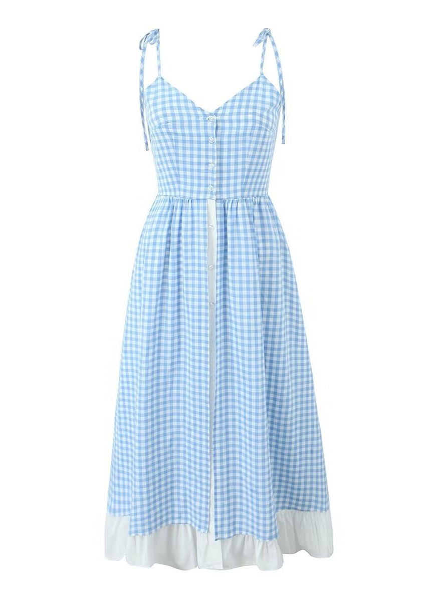 Sky Picnic Ruffle Dress – Gingham Layered Maxi with Tie Straps