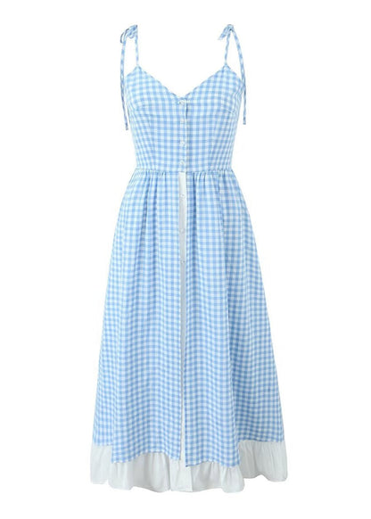 Sky Picnic Ruffle Dress – Gingham Layered Maxi with Tie Straps
