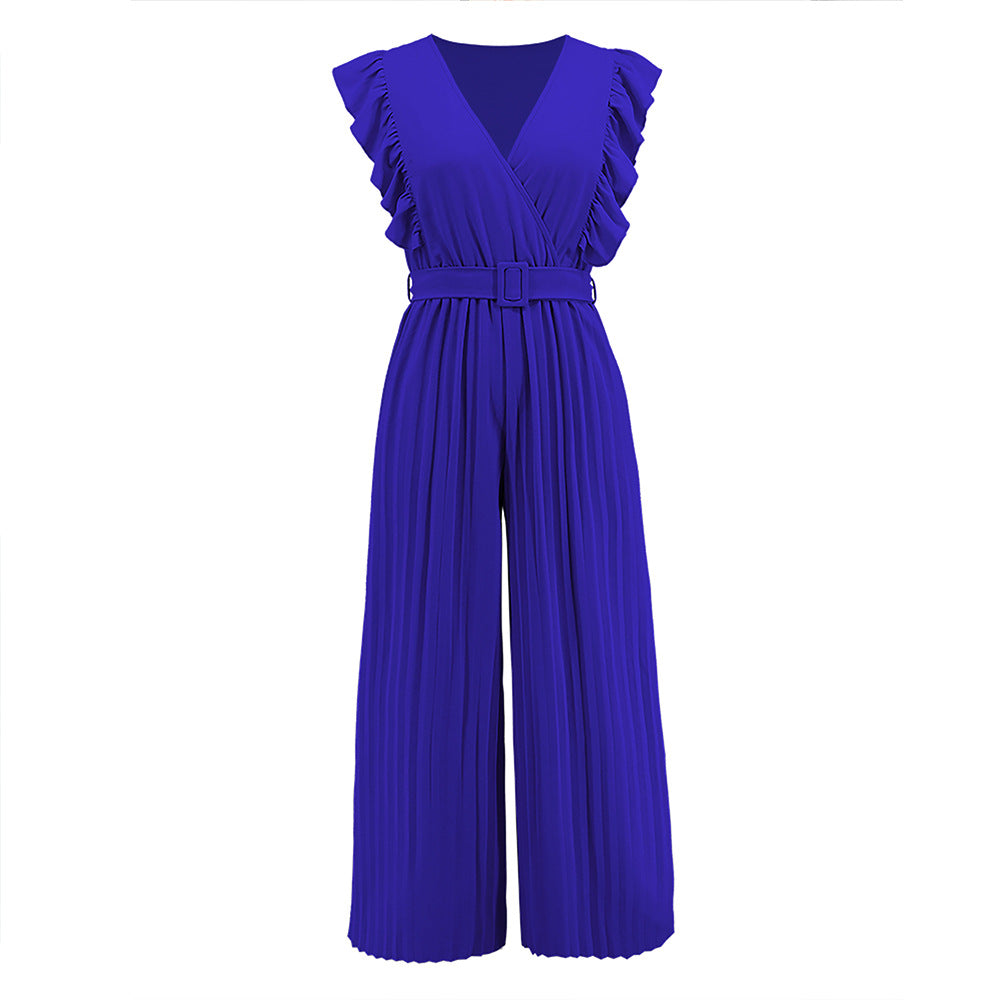 Sexy Slim Jumpsuit High Waist Sleeveless Lotus Leaf V neck Pleated Wide Leg Skort Women
