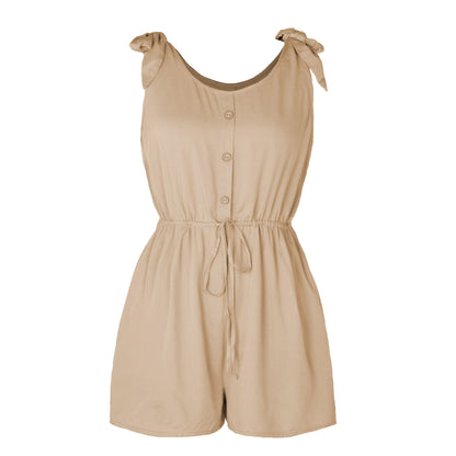 Women Coconut Buckle Sleeveless Jumpsuit Lace up Solid Color Elastic Waist Suspenders Loose Bodysuit