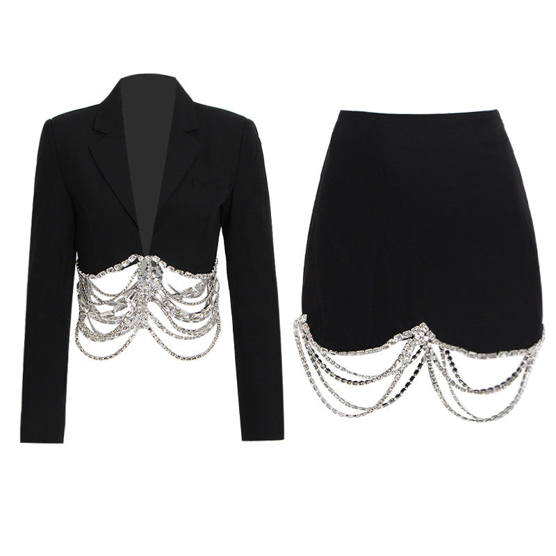Skirt Set Autumn Rhinestone Chain Stitching Black Short Sheath Slim Skirt