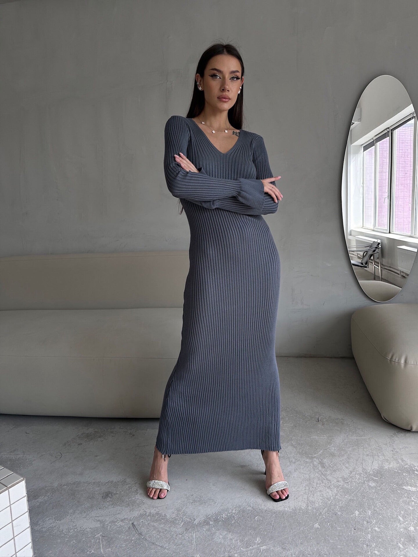 Long Sleeve V neck Tight Knitted Dress Solid Color Rib Fabric Wool Long Autumn Winter Dress