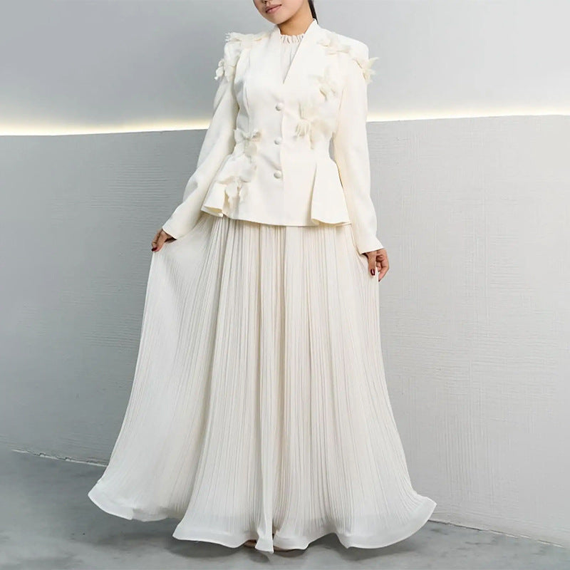 Autumn Winter Elegant Office Loose Three Dimensional Floral Ruffled Long Sleeve Skirt Two Piece Sets