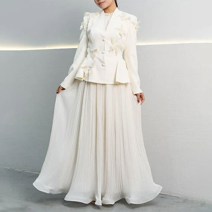 Autumn Winter Elegant Office Loose Three Dimensional Floral Ruffled Long Sleeve Skirt Two Piece Sets