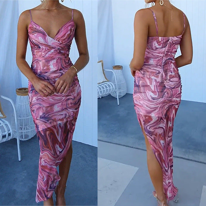 Spring and summer new sling fishtail print dress INS casual backless zipper holiday party women's dress