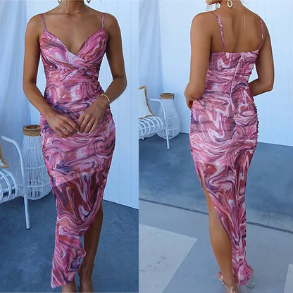 Spring and summer new sling fishtail print dress INS casual backless zipper holiday party women's dress