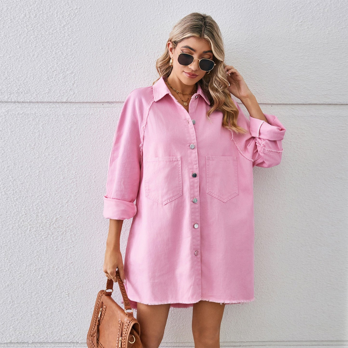 Wash Water Raw Edge Denim Dress Stitching Long Sleeve Cardigan for Women