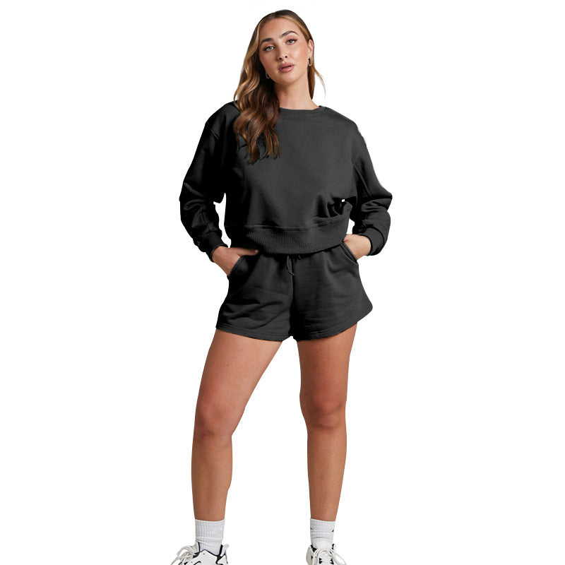Solid Color Long Sleeve Sweaters Women Clothing Short Two-Piece Casual Shorts Suit