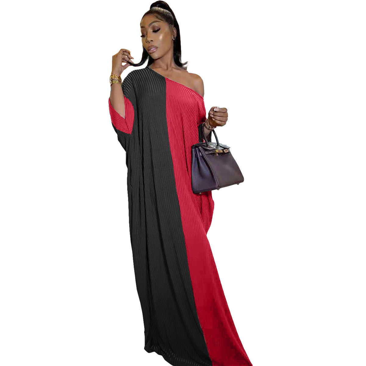 Sexy Loose Stitching Contrast Color Sloping Shoulder Dress