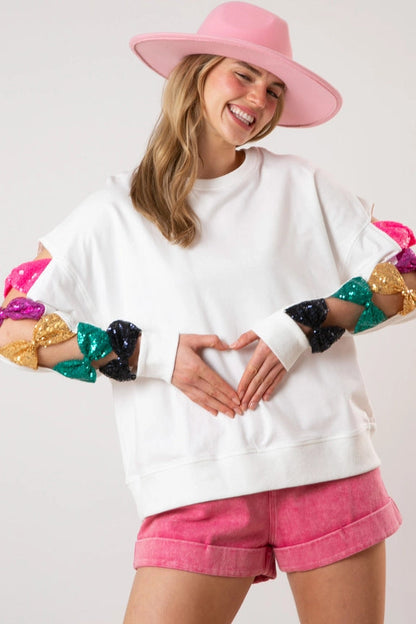 Summer Bow All Match Sequ Top Long Sleeve Sweatshirt for Women