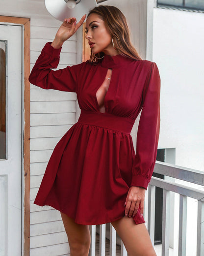 Women Clothing Autumn Winter Turtleneck Long Sleeve Pleated Dress