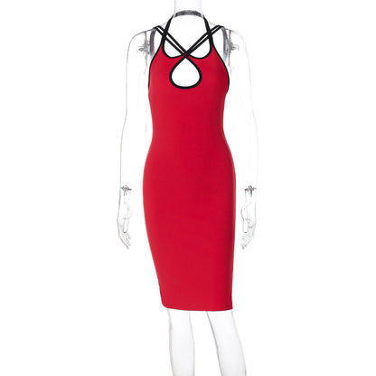 Contrast Color Hollow Out Cutout Slim Fit Dress Women Clothing Spring Halter Backless Lace up Hip