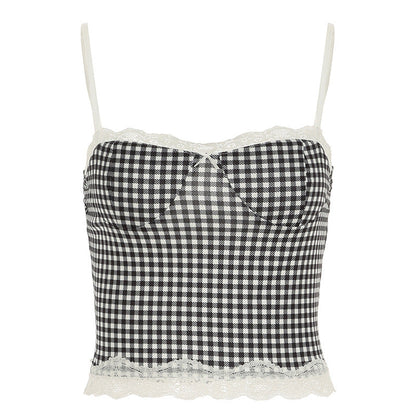 Spring Summer Women Clothing Plaid Stitching Lace Sling Bell Bottom Pants Street Two Piece Set