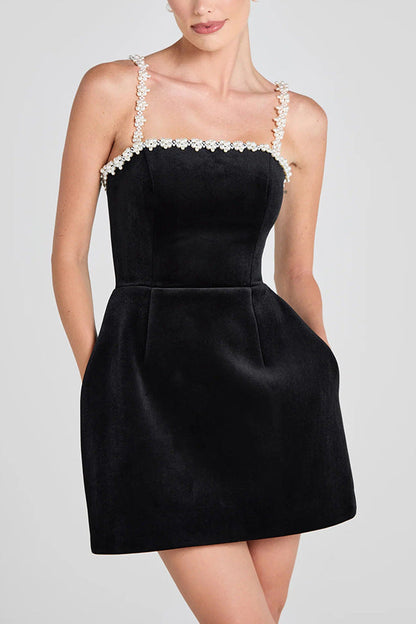 Sexy Pearl Suspender Tight Waist Sexy Velvet A line Dress