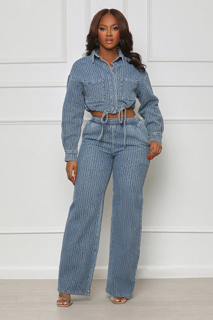Long Sleeved Trousers Denim Women Wear Two Piece Set