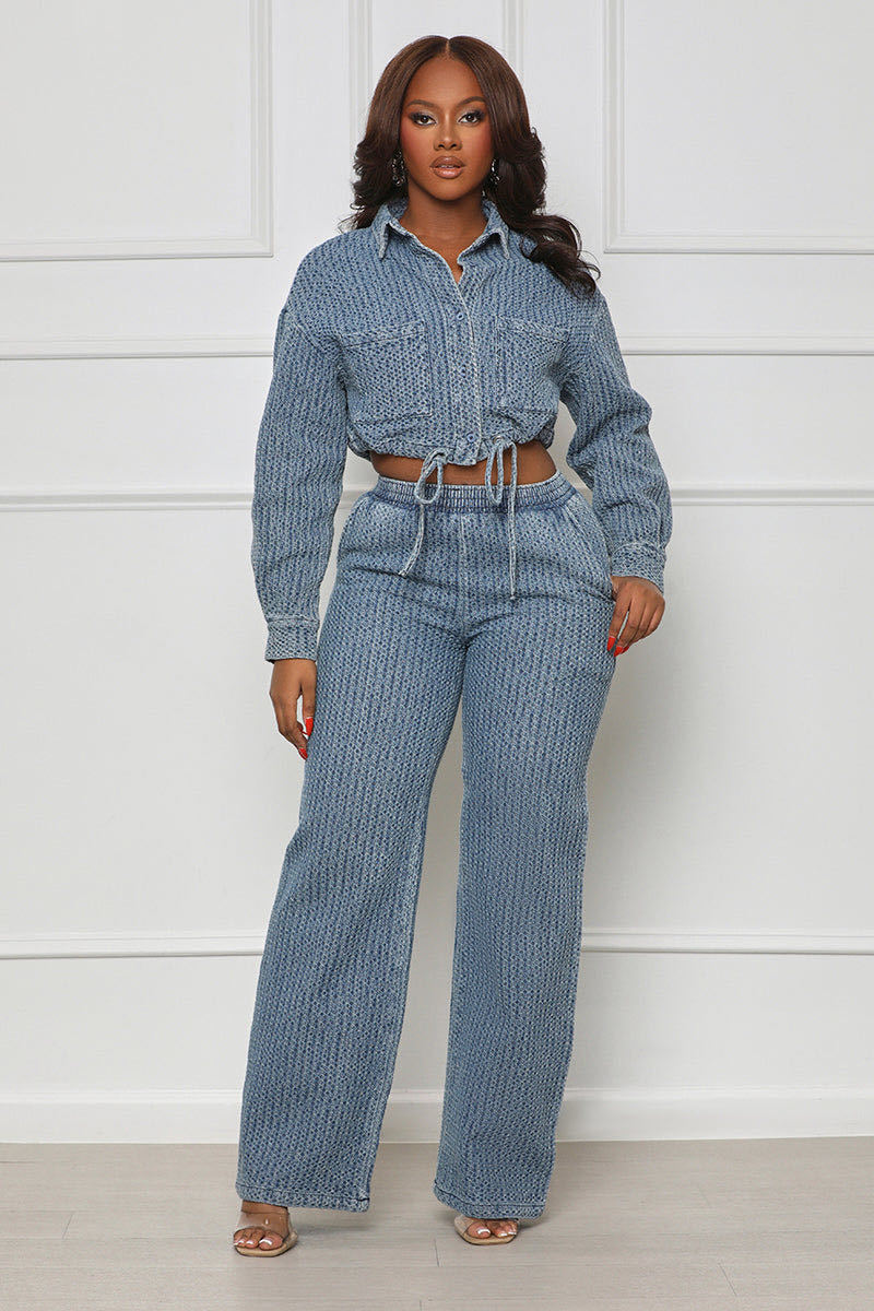 Long Sleeved Trousers Denim Women Wear Two Piece Set