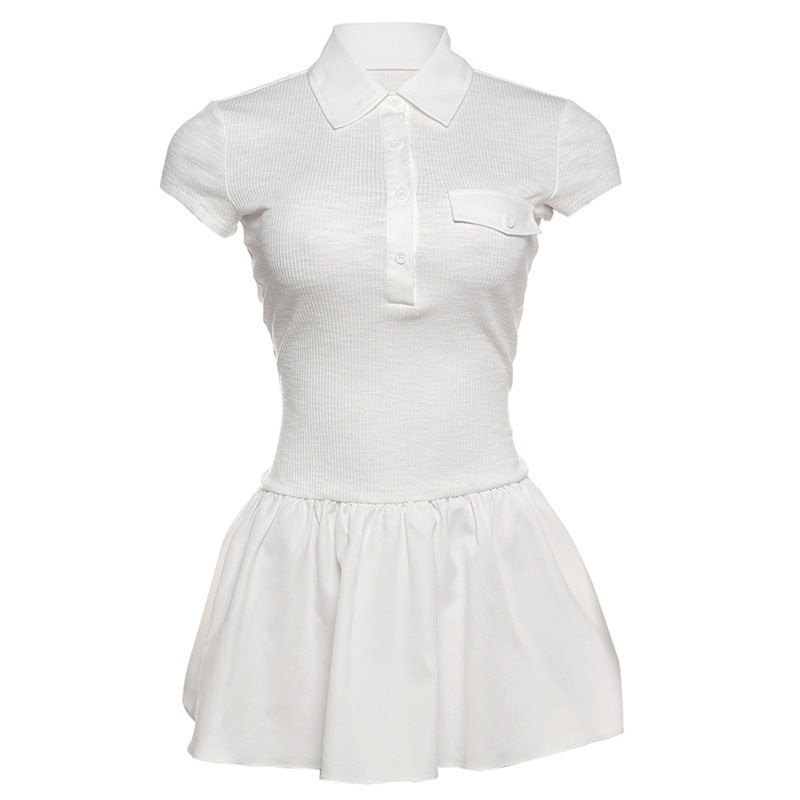 Spring Women Clothing Personality Collared Button Slim Slimming Pleated Contrast Color Short Sleeve Dress