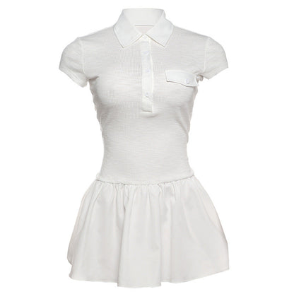 Spring Women Clothing Personality Collared Button Slim Slimming Pleated Contrast Color Short Sleeve Dress