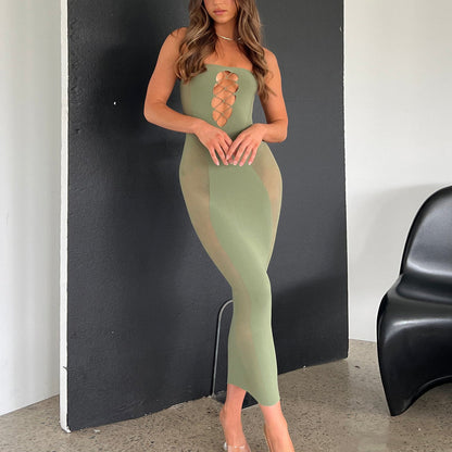 Spring Summer Dress Hollow Out Cutout out Tube Top Sexy Mesh Stitching See through Sheath Dress Women
