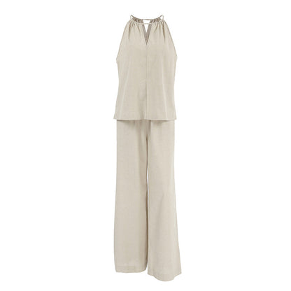 Khaki Cotton Linen Hollow Out Cutout out Tied Sleeveless Halter Vest Wide Leg Pants Set Spring Summer